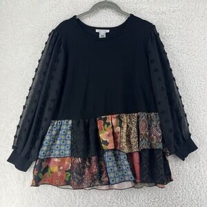 John Mark Floral Patchwork Long Sleeve Top Size Large Mixed Media Boho Cottage